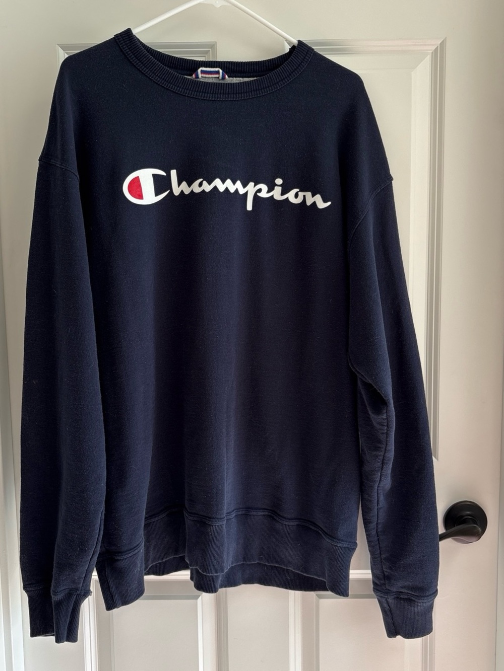 Champion Navy Crewneck with White Script and Red Logo Accent